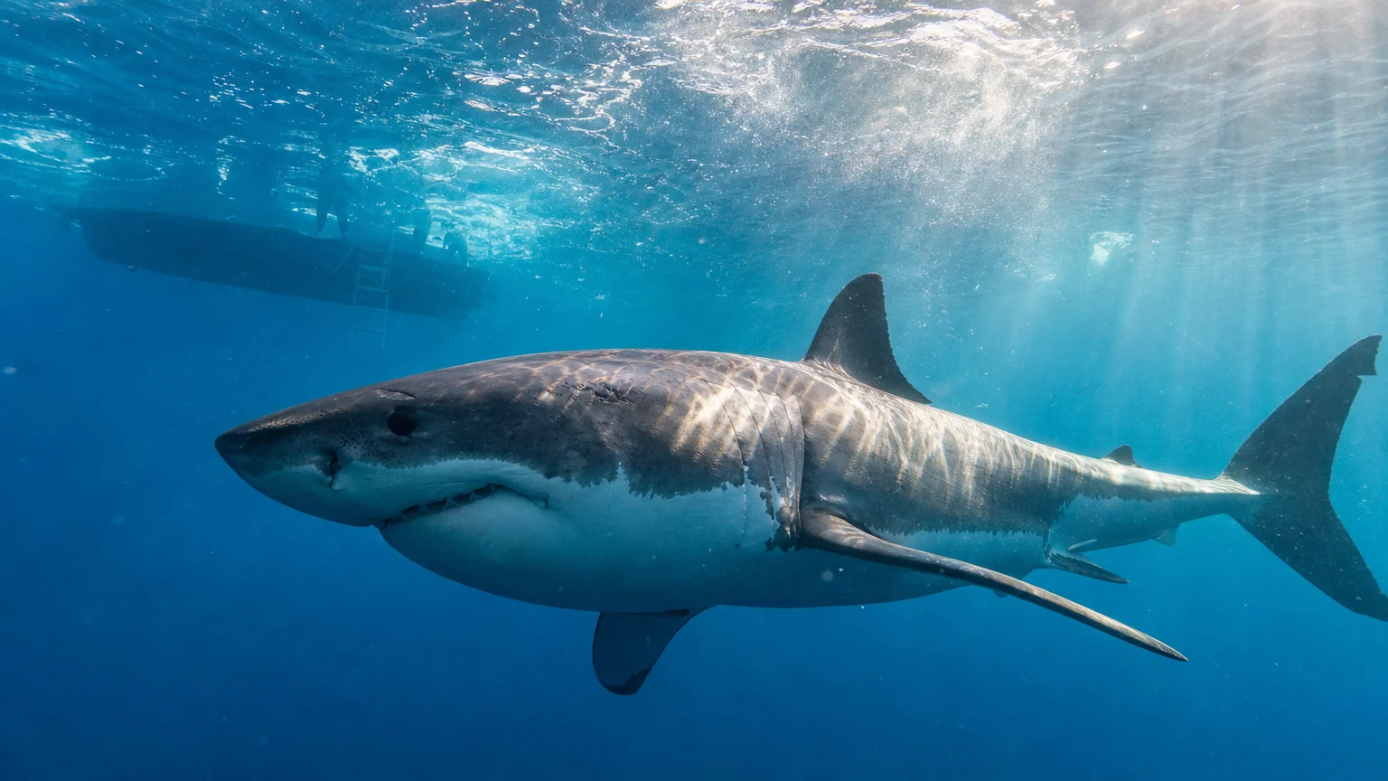 An underwater photo of a massive female Great White shark swimming in sun-drenched blue water.