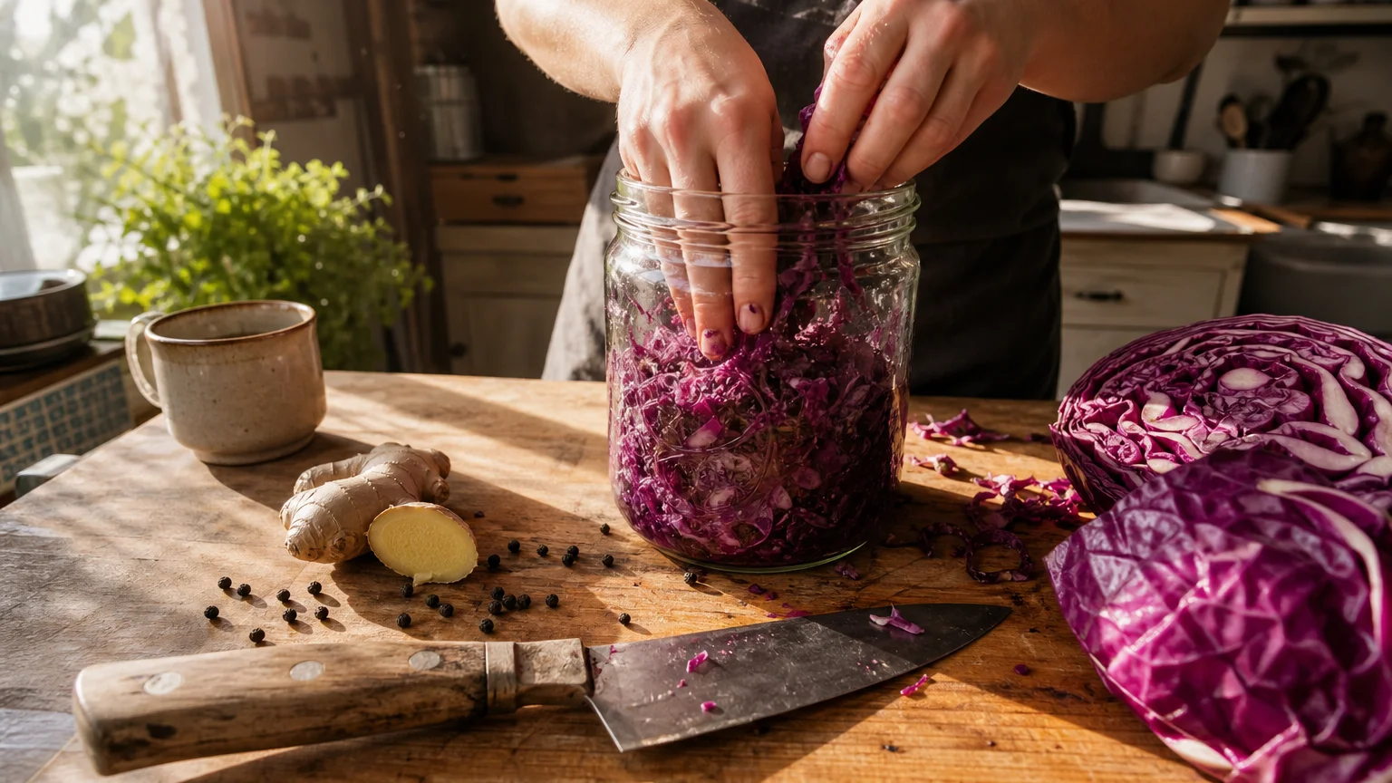 Candid photo of hands packing purple cabbage into a glass jar for fermentation on a sunny wooden kitchen counter.