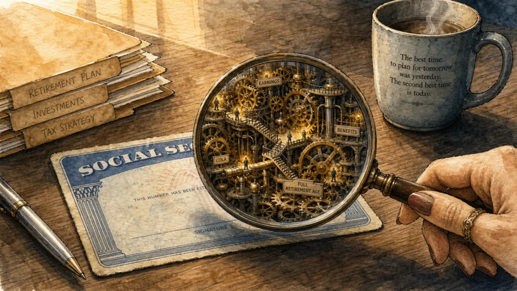 Ink and watercolor illustration of a magnifying glass over a Social Security card, revealing intricate golden gears.