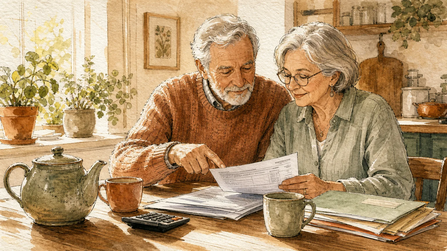 Ink and watercolor illustration of an older couple calmly reviewing retirement documents at a sunlit kitchen table.