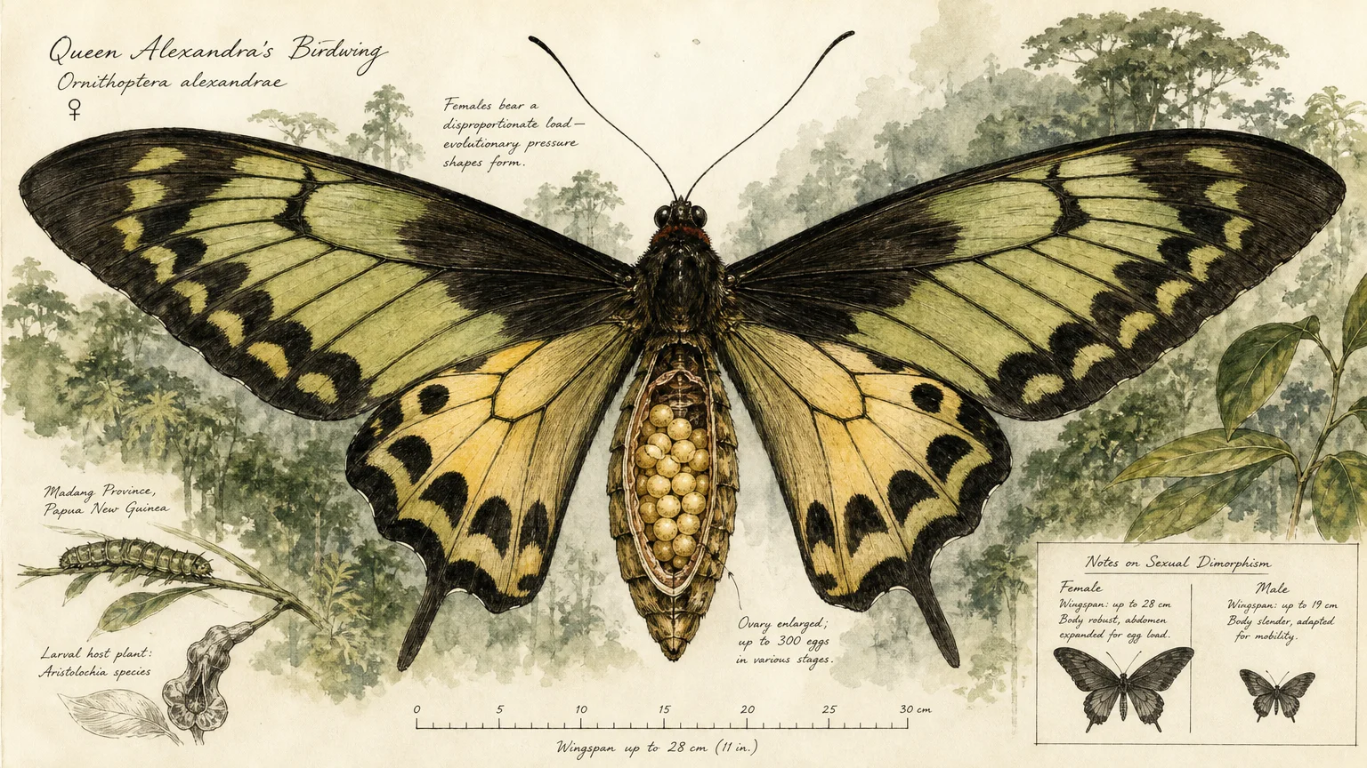 Watercolor illustration of a large female butterfly with a cutaway view showing the eggs she carries.
