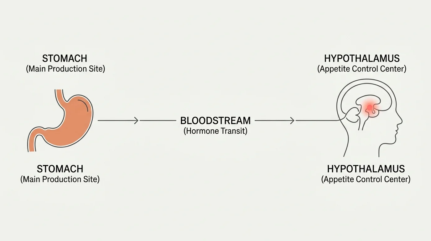 A clean, horizontal biological diagram tracing ghrelin's pathway from the stomach through the bloodstream to the brain's hypothalamus.