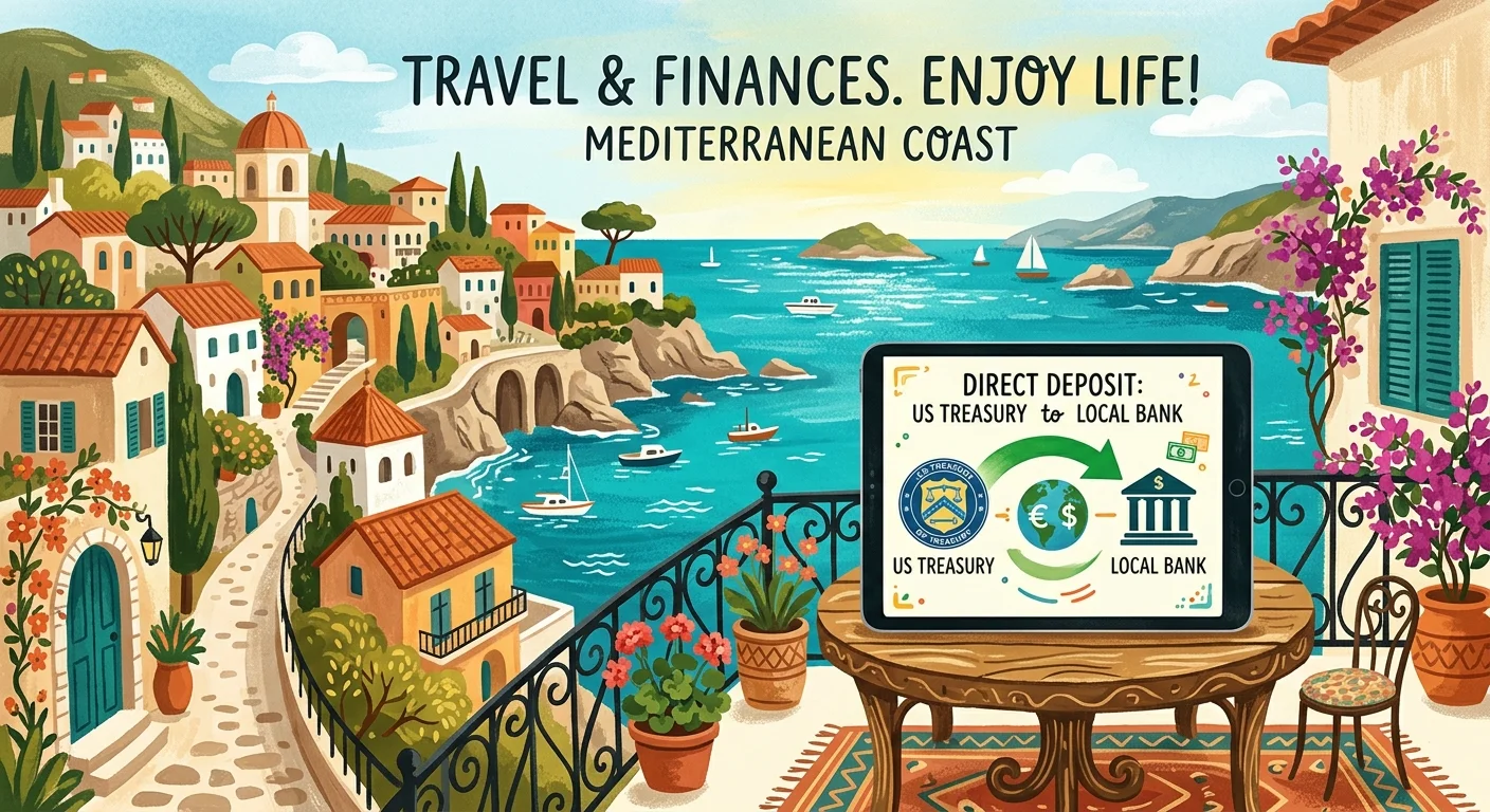 A colorful gouache illustration of a digital tablet showing direct deposit benefits in a beautiful Mediterranean coastal town.