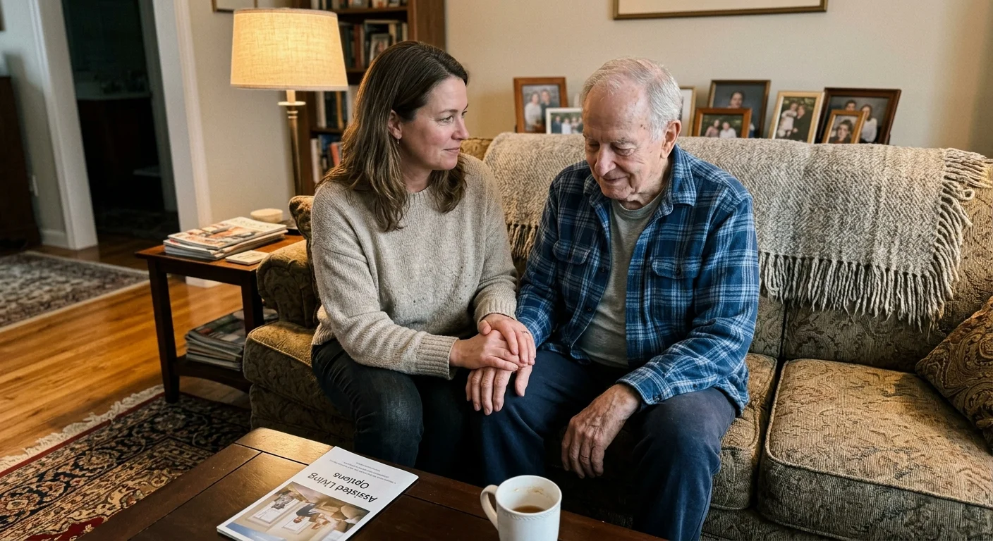 A daughter comforting her elderly father in a living room next to a brochure for assisted living options.