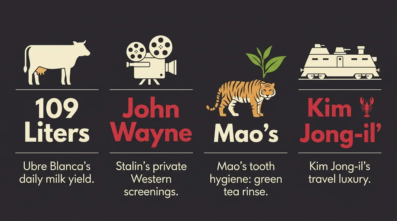 A horizontal infographic comparing dictator facts: Castro's 109-liter cow, Stalin's movie screenings, Mao's tea rinse, and Kim's train.