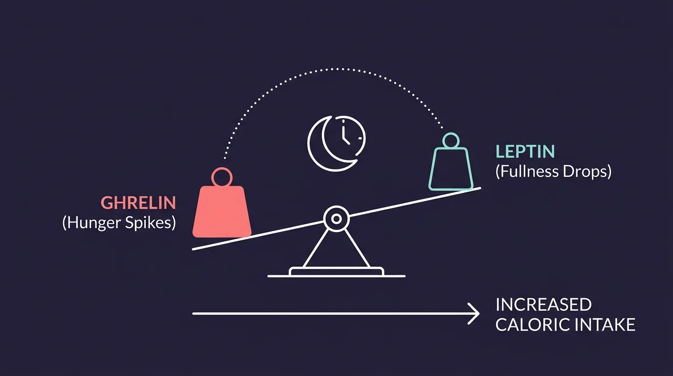 A minimalist diagram showing a balance scale where sleep deprivation causes ghrelin to spike and leptin to drop, leading to hunger.