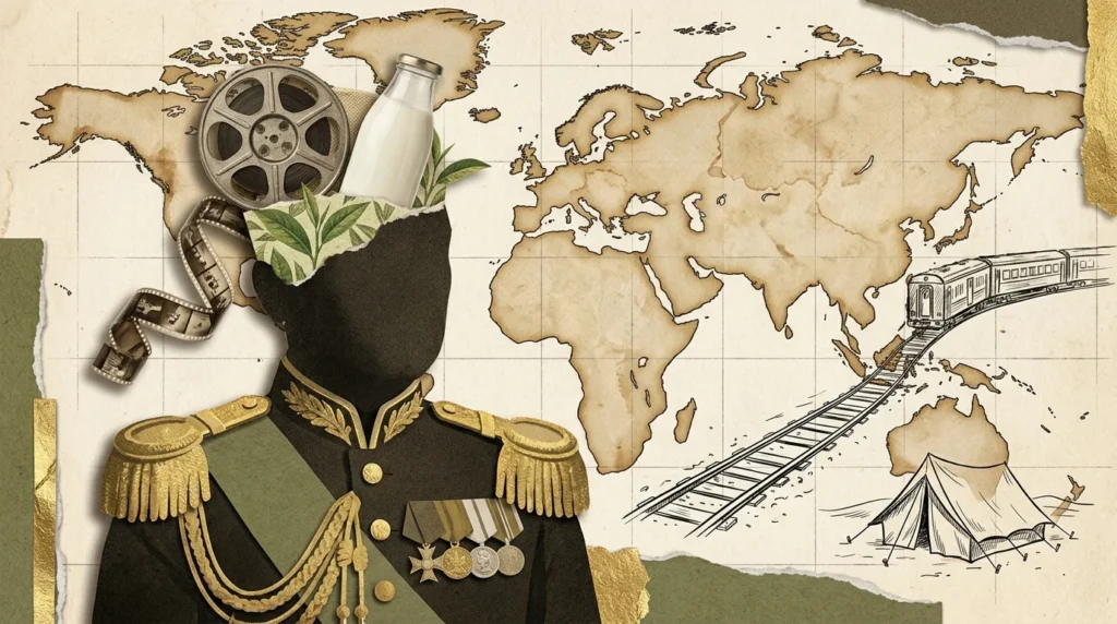 A mixed-media collage showing a general's silhouette filled with a movie reel, milk bottle, and vintage map textures.