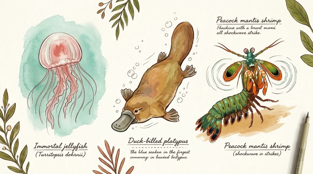 A stylized naturalist journal illustration featuring an immortal jellyfish, a platypus, and a peacock mantis shrimp in warm gouache and ink.