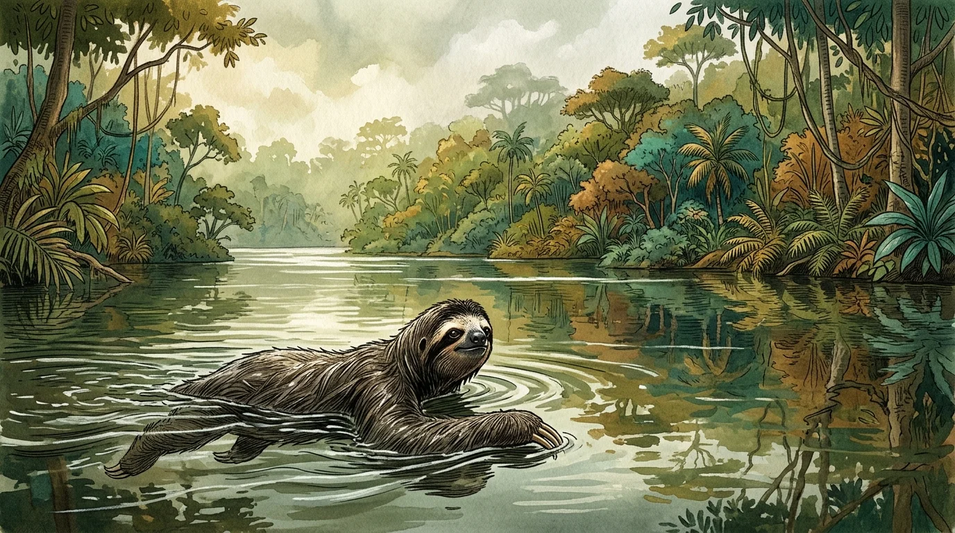 A textured gouache illustration of a three-toed sloth swimming gracefully across a lush, green tropical river.