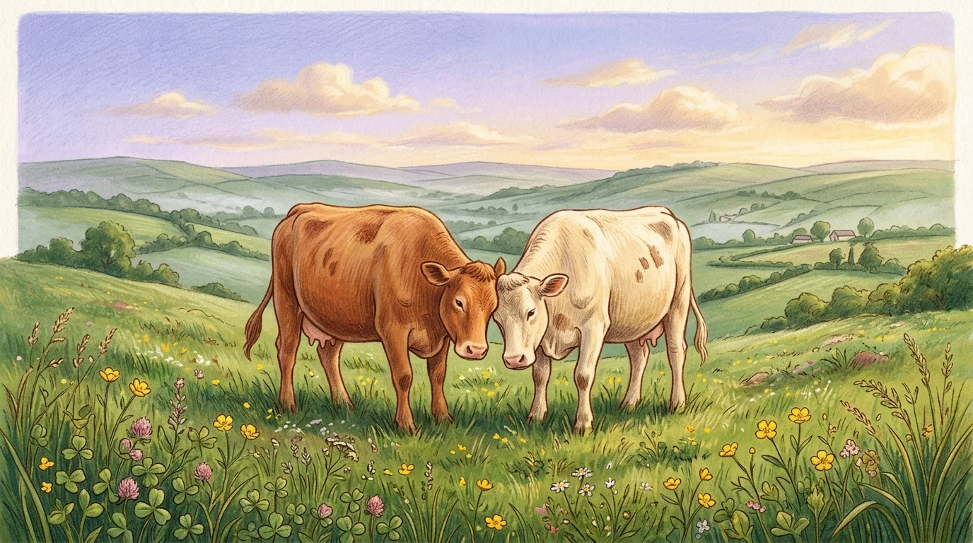A warm colored-pencil and gouache illustration of two cows standing close together in a sunny green pasture, showing their friendship.