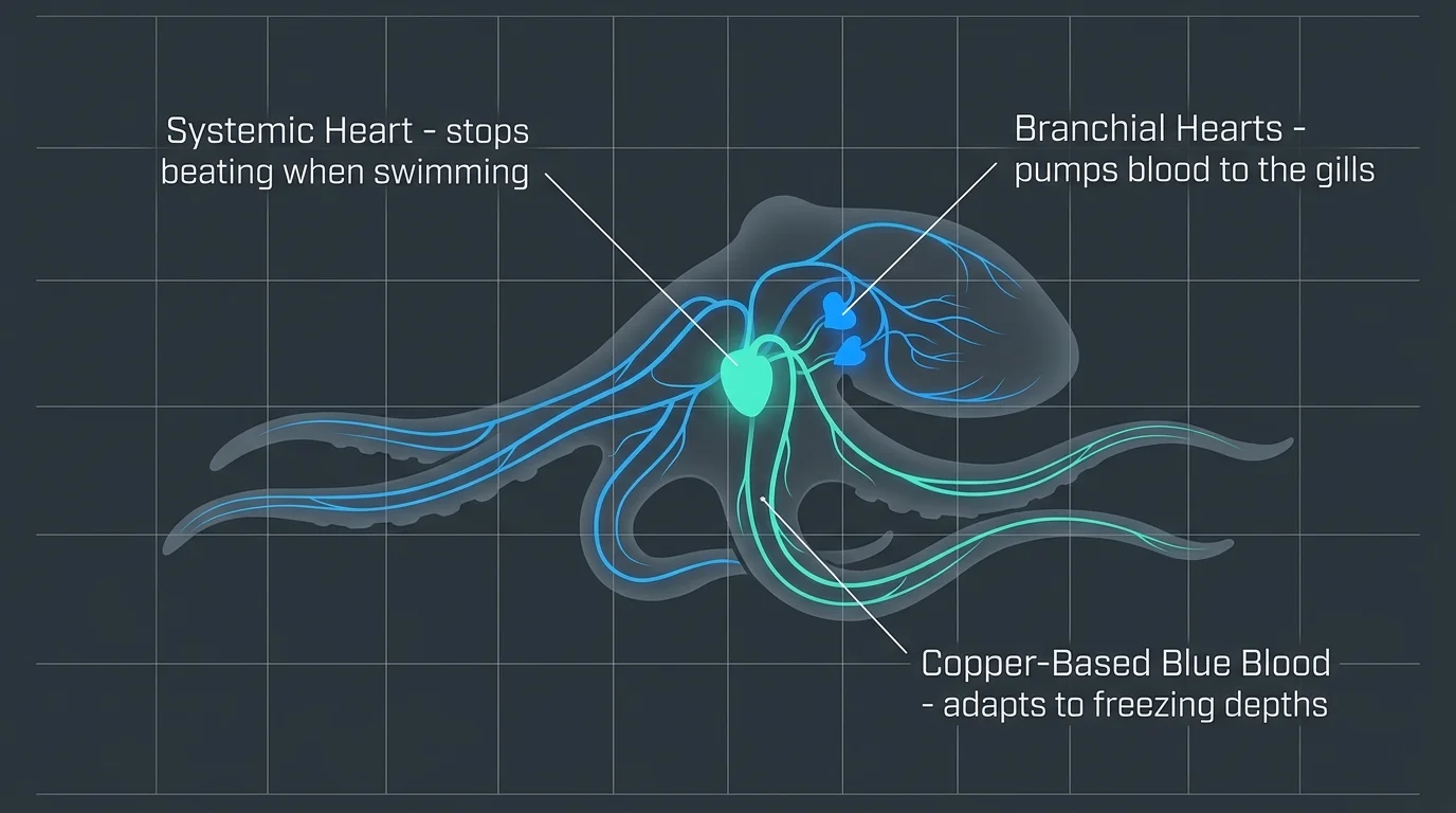 An anatomical diagram of an octopus showing its three hearts and copper-based blue blood system with clear, readable labels.