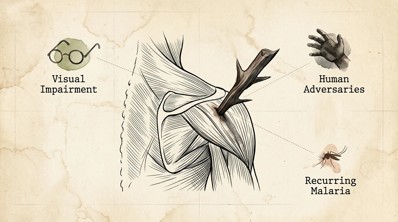 An anatomical sketch of a shoulder pierced by a large thorn, surrounded by icons symbolizing different theories of Paul’s ailment.