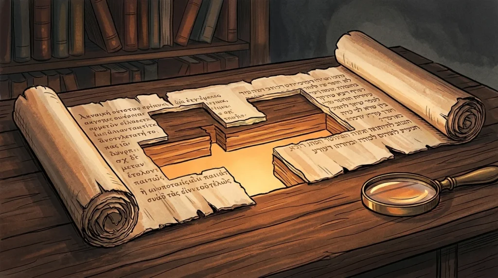 An ancient papyrus scroll on a dark wooden desk with rectangular pieces cleanly cut out, glowing with warm amber light.