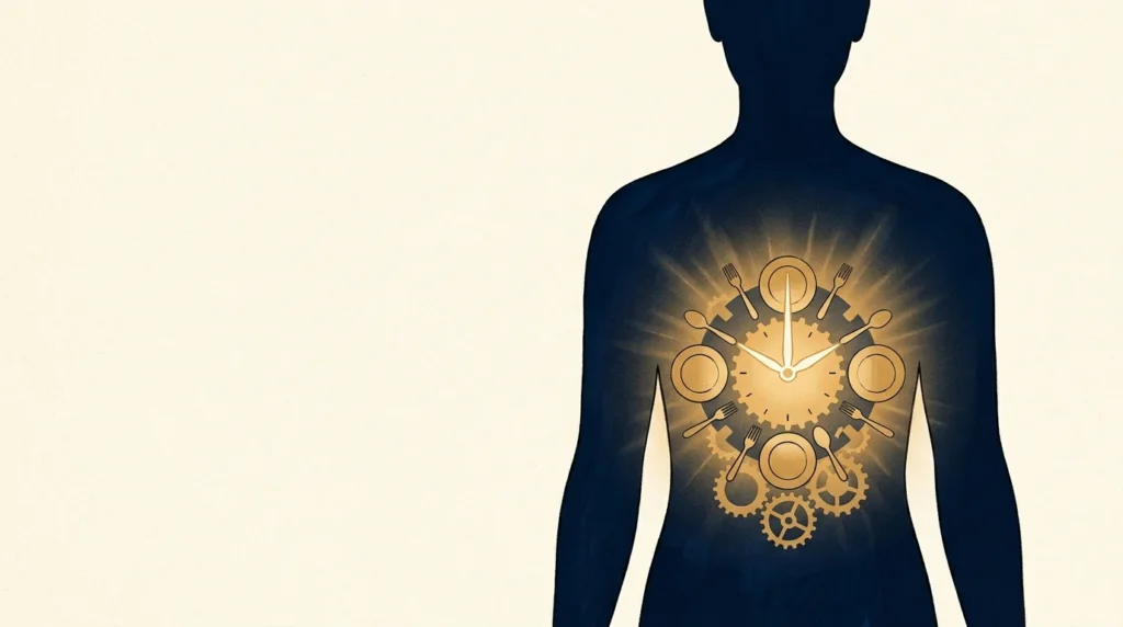 An editorial illustration of a human silhouette with a glowing golden clockwork mechanism in the stomach, symbolizing hunger rhythms.