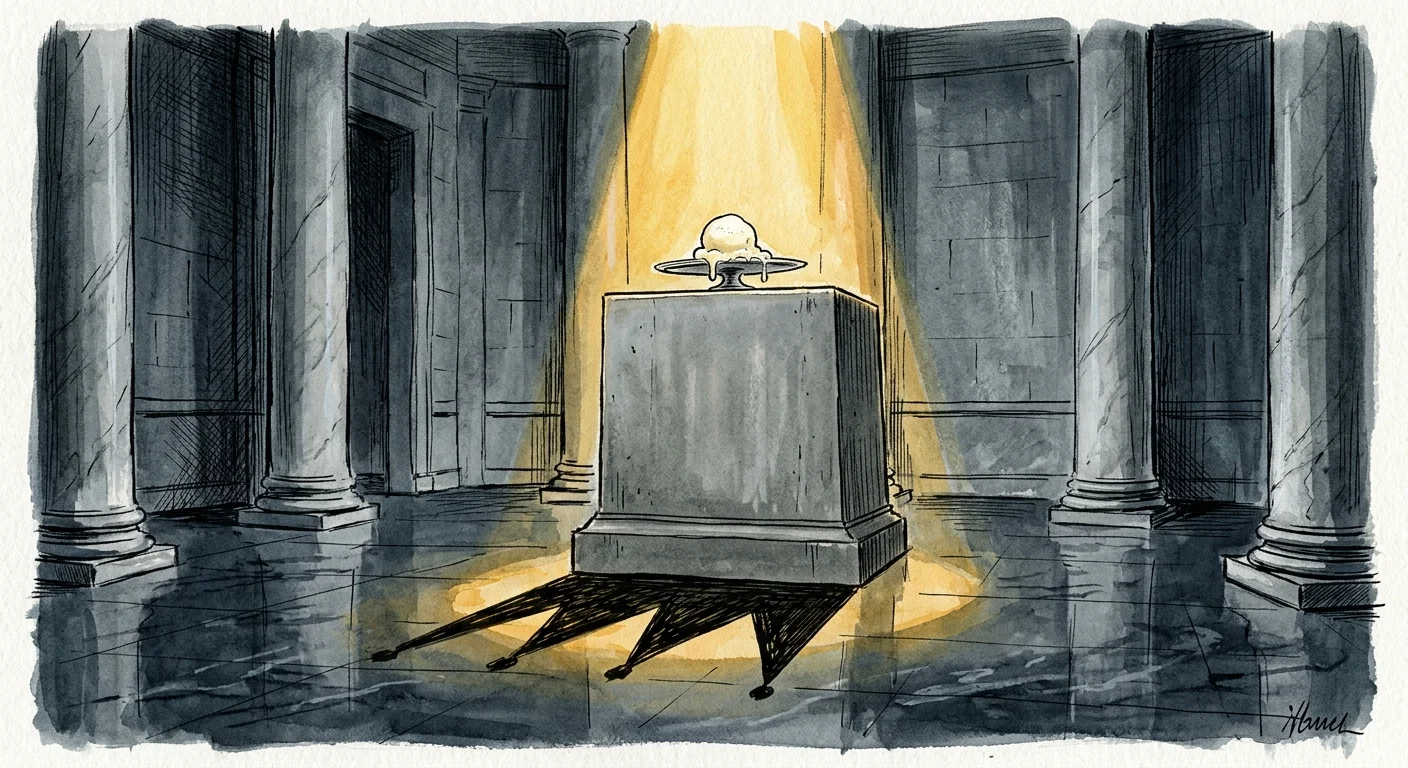 An illustration of a giant stone pedestal in an empty state hall, topped absurdly by a single, tiny scoop of melting ice cream.