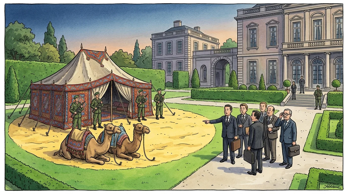 An illustration of a large Bedouin tent with camels pitched on the manicured green lawn of a grand European estate.