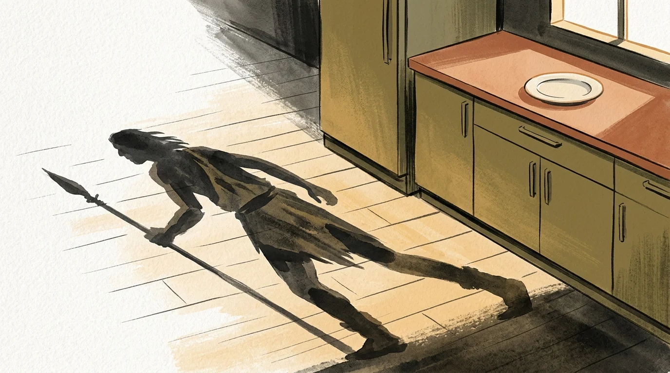 An illustration showing a modern kitchen counter casting a long shadow of an ancient hunter-gatherer, representing evolutionary hunger.