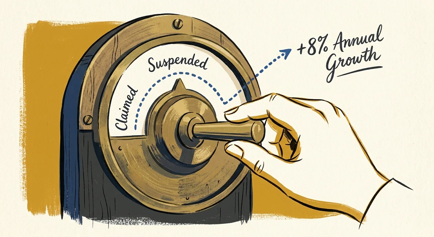 An ink and gouache illustration of a hand turning a dial from claimed to suspended to secure an 8 percent annual growth credit.