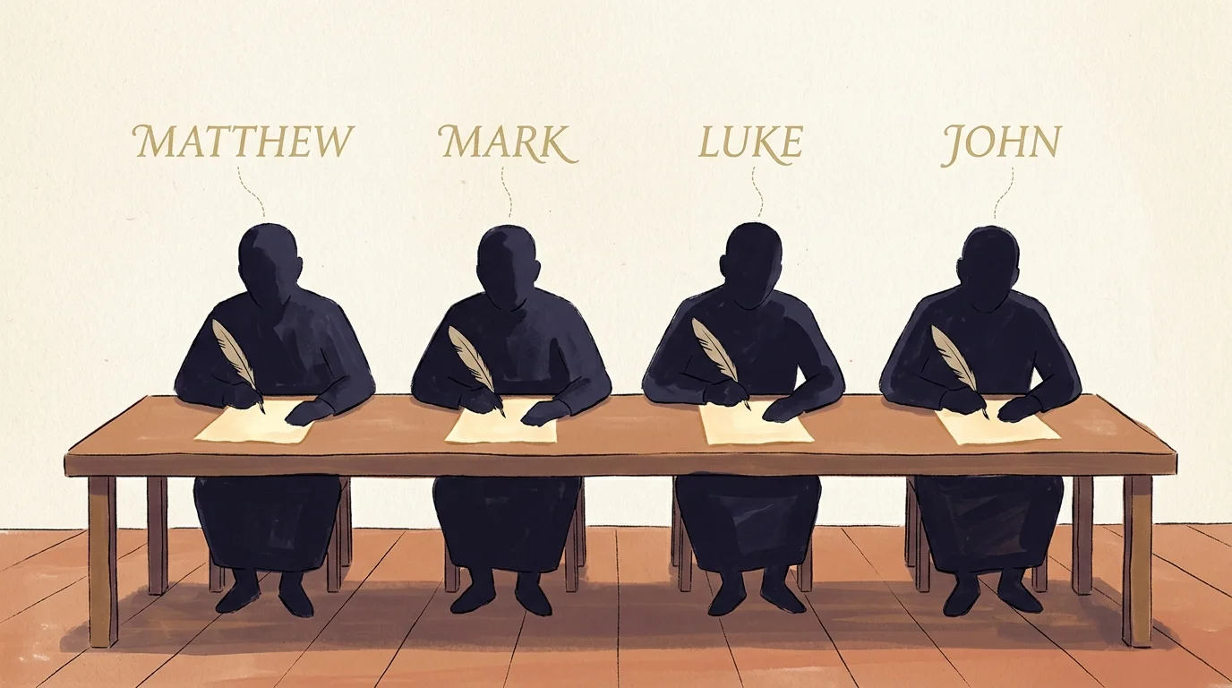 Scribes in silhouette writing on parchment under floating, unattached gold labels of the names Matthew, Mark, Luke, and John.