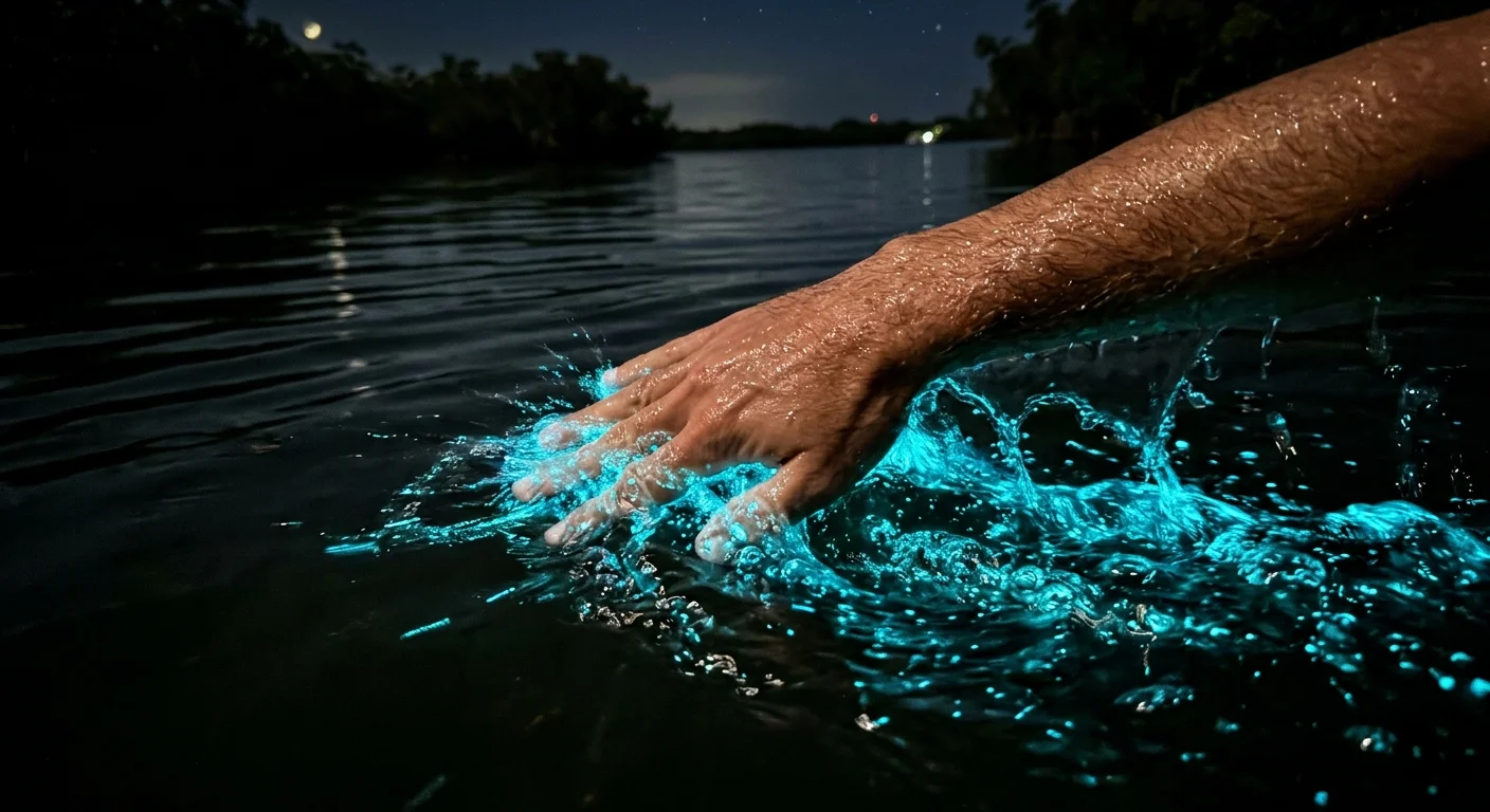 A close-up of a swimmer's hand moving through dark water, triggering a bright trail of glowing blue-green bioluminescence.