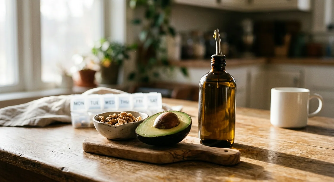 A close-up photograph of a halved avocado, walnuts, and a bottle of olive oil on a rustic wooden table in warm morning light.