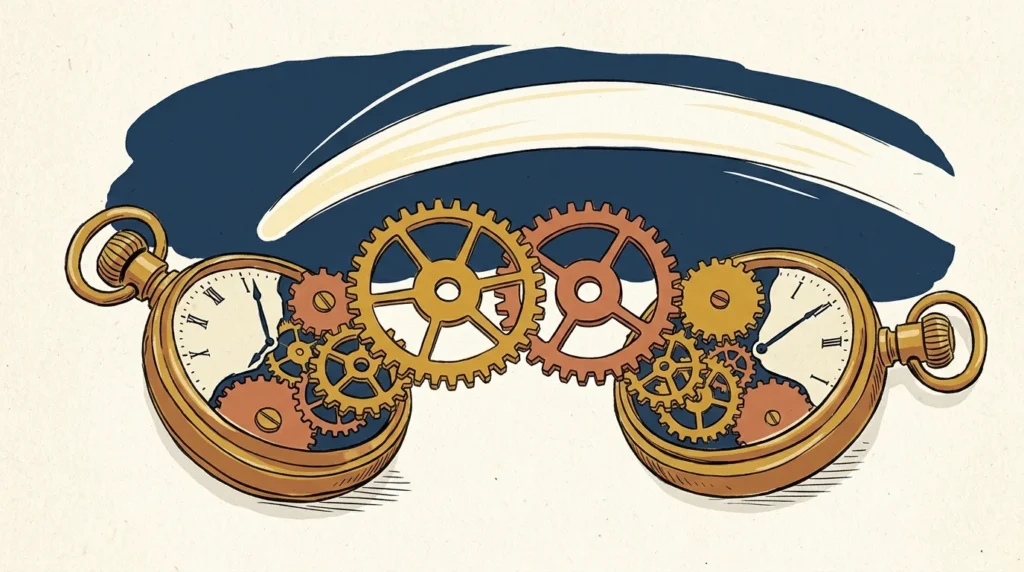 A conceptual mid-century illustration of two pocket watches with gears interlocking perfectly under a sweeping comet in a starry night sky.
