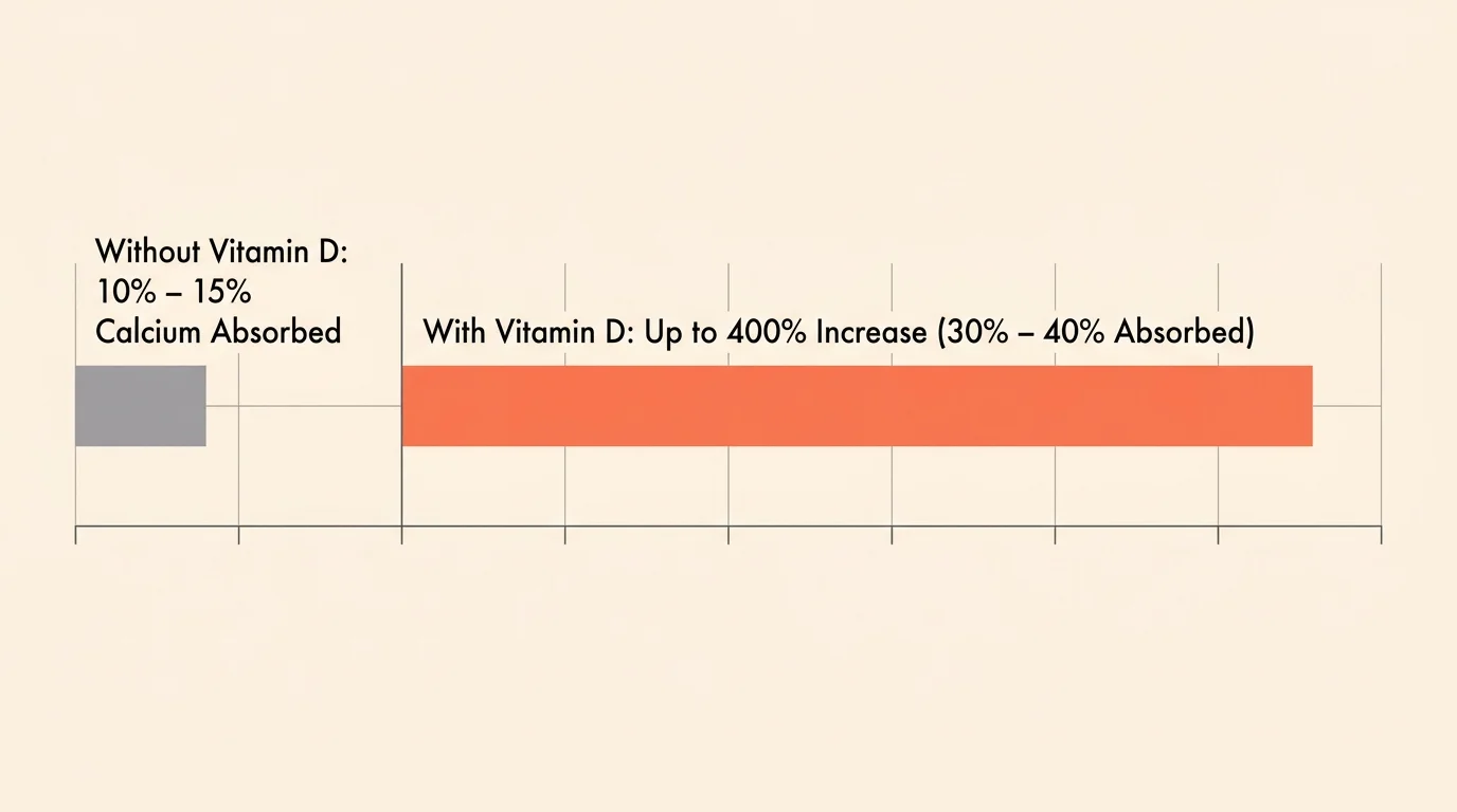 A horizontal bar chart comparing calcium absorption rates with and without Vitamin D, showing up to a 400 percent increase.