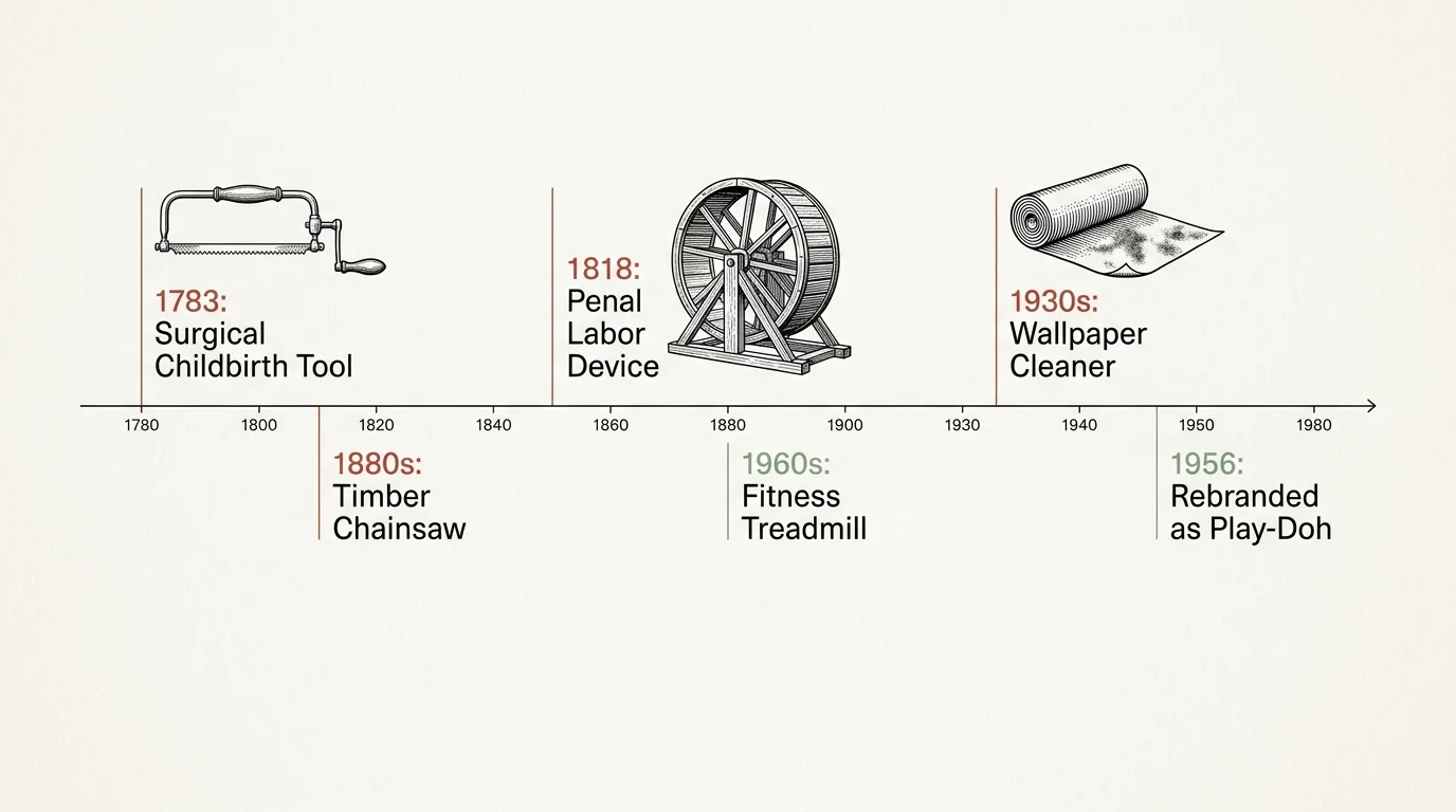 A horizontal timeline infographic showing the historical evolution of chainsaws, treadmills, and Play-Doh with dates and simple drawings.
