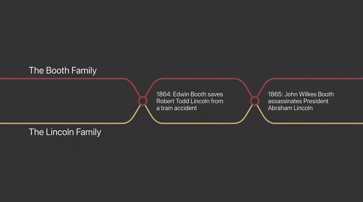 A minimalist horizontal concept map showing the parallel lines of the Booth and Lincoln families crossing in 1864 and 1865.