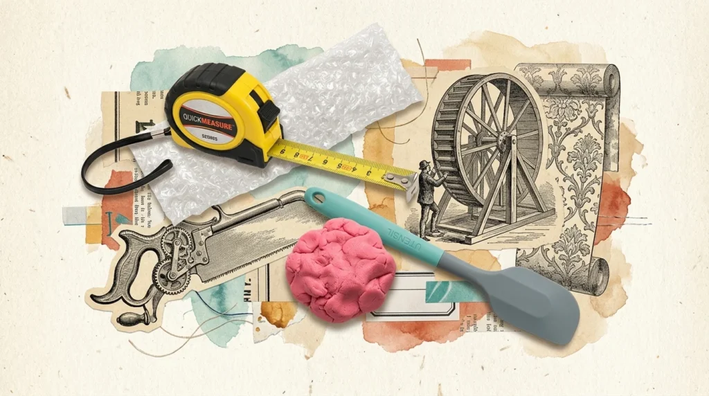 A mixed-media paper collage blending modern objects like bubble wrap with vintage sketches of a medical saw and a wooden treadmill.