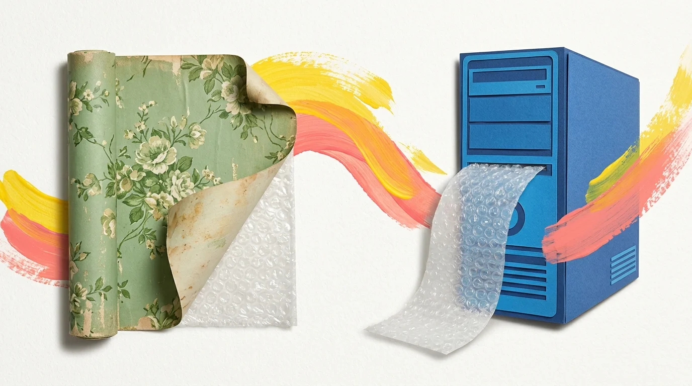 A paper collage showing bubble wrap peeling back from vintage floral wallpaper on one side and wrapping a computer server on the other.