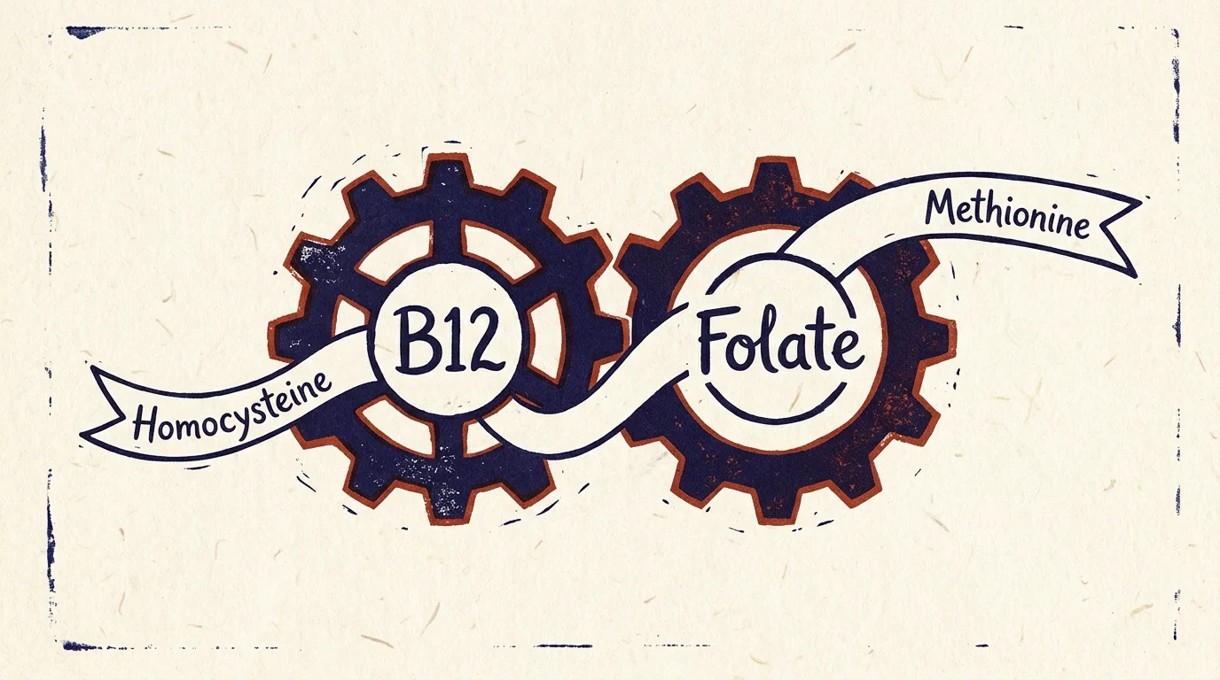 A stylized block-print illustration of two interlocking gears labeled B12 and Folate converting Homocysteine into Methionine.