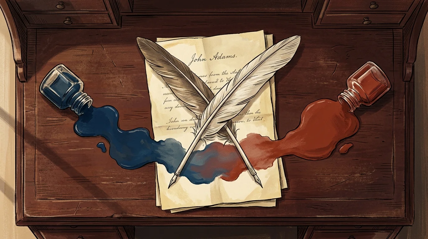 A stylized illustration of blue and red ink spilling from two separate inkwells, merging together on a desk over crossed quill pens.