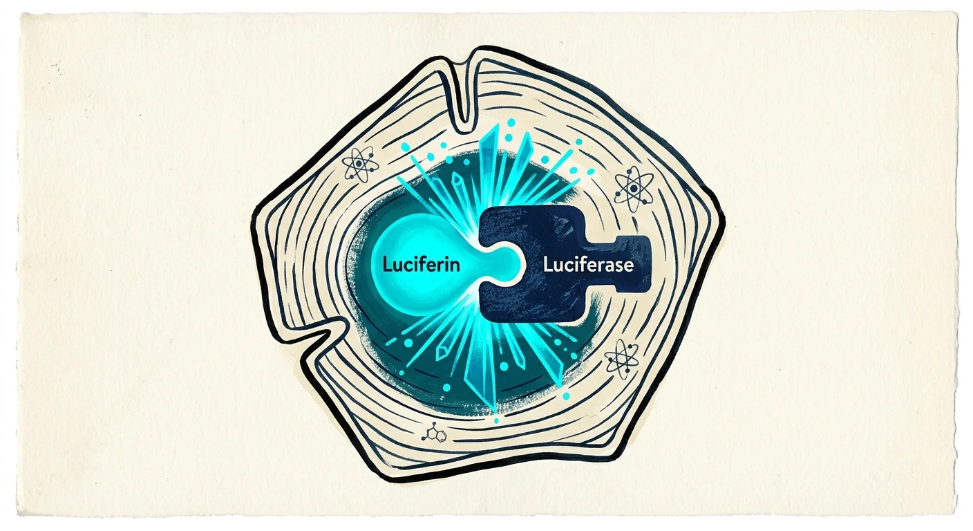 An editorial illustration showing the chemical lock-and-key fit of luciferin and luciferase releasing a burst of blue light.