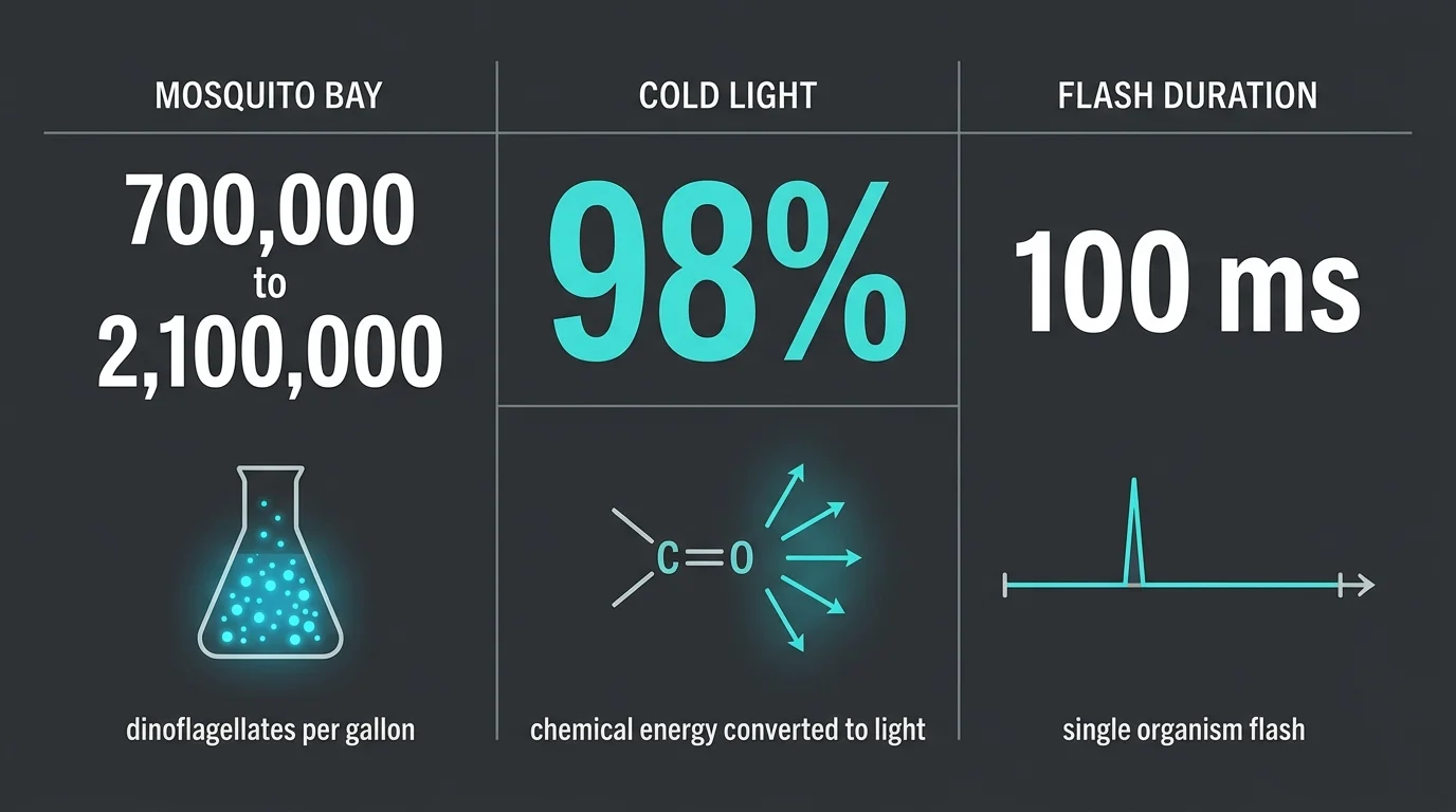 An infographic showing stats: 700,000 to 2,100,000 dinoflagellates per gallon, 98% cold light efficiency, and 100 ms flash duration.
