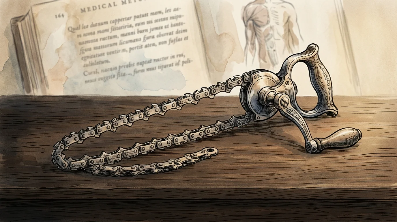 An ink and watercolor illustration of an 18th-century hand-cranked surgical chainsaw resting on a wooden desk.