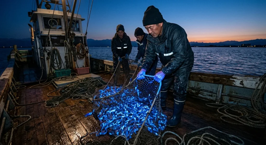 Fishermen pulling a glowing blue net of firefly squid from the dark waters of Toyama Bay at dawn.