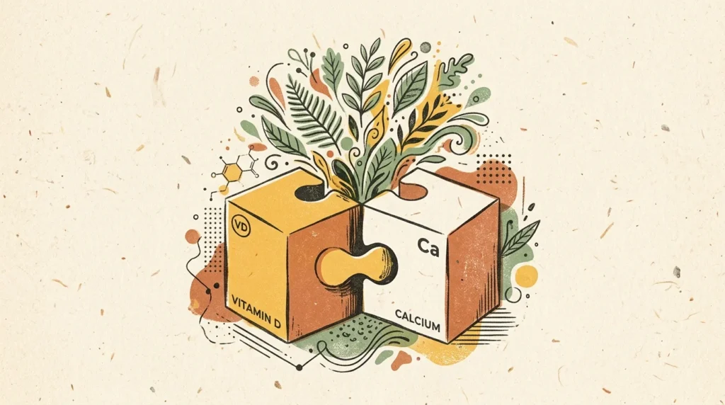 Risograph illustration of interlocking geometric shapes representing Vitamin D and Calcium merging to create growth.