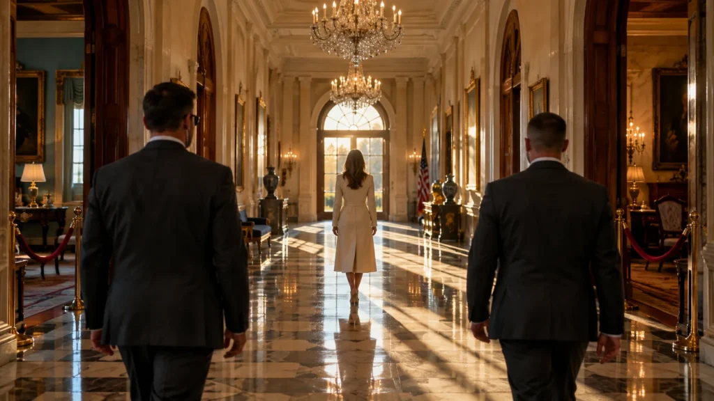 A woman in a white coat walks down a grand hallway, followed by two security agents in dark suits.