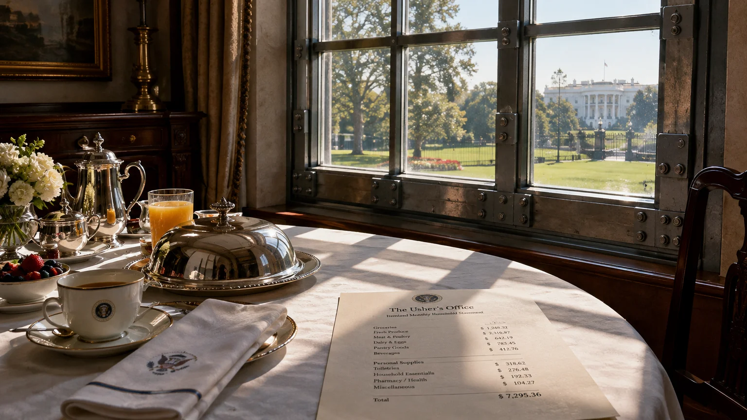 Breakfast setting beside an itemized household statement from the Usher's Office next to a reinforced steel window.