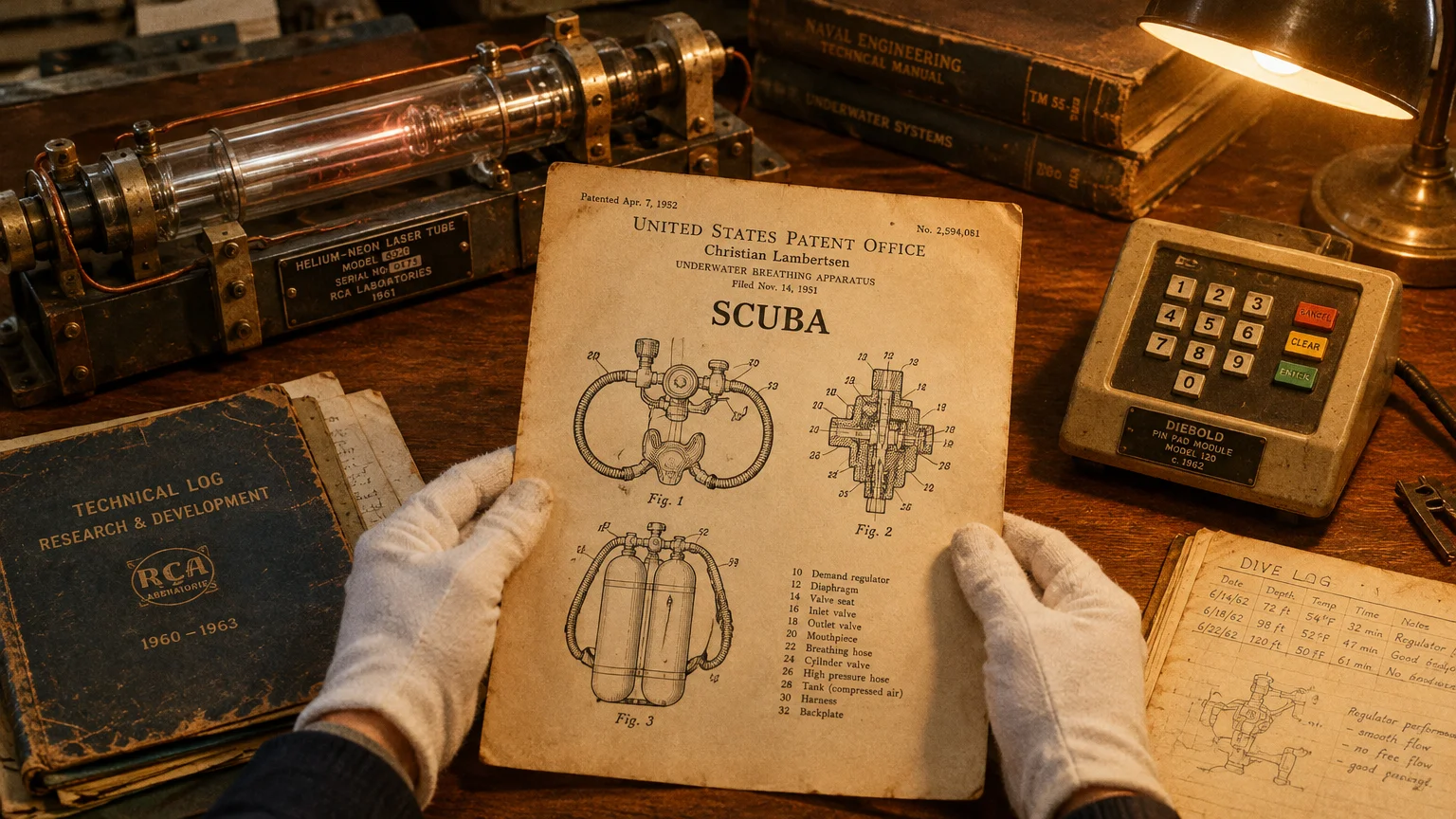 Gloved hands hold a 1952 patent for SCUBA on a wooden desk beside technical logbooks, a laser tube, and an old keypad.