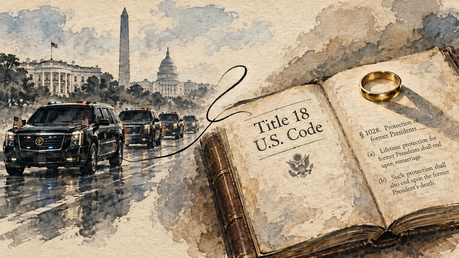 Illustration of an open law book titled Title 18 U.S. Code beside a wedding ring and a presidential motorcade.