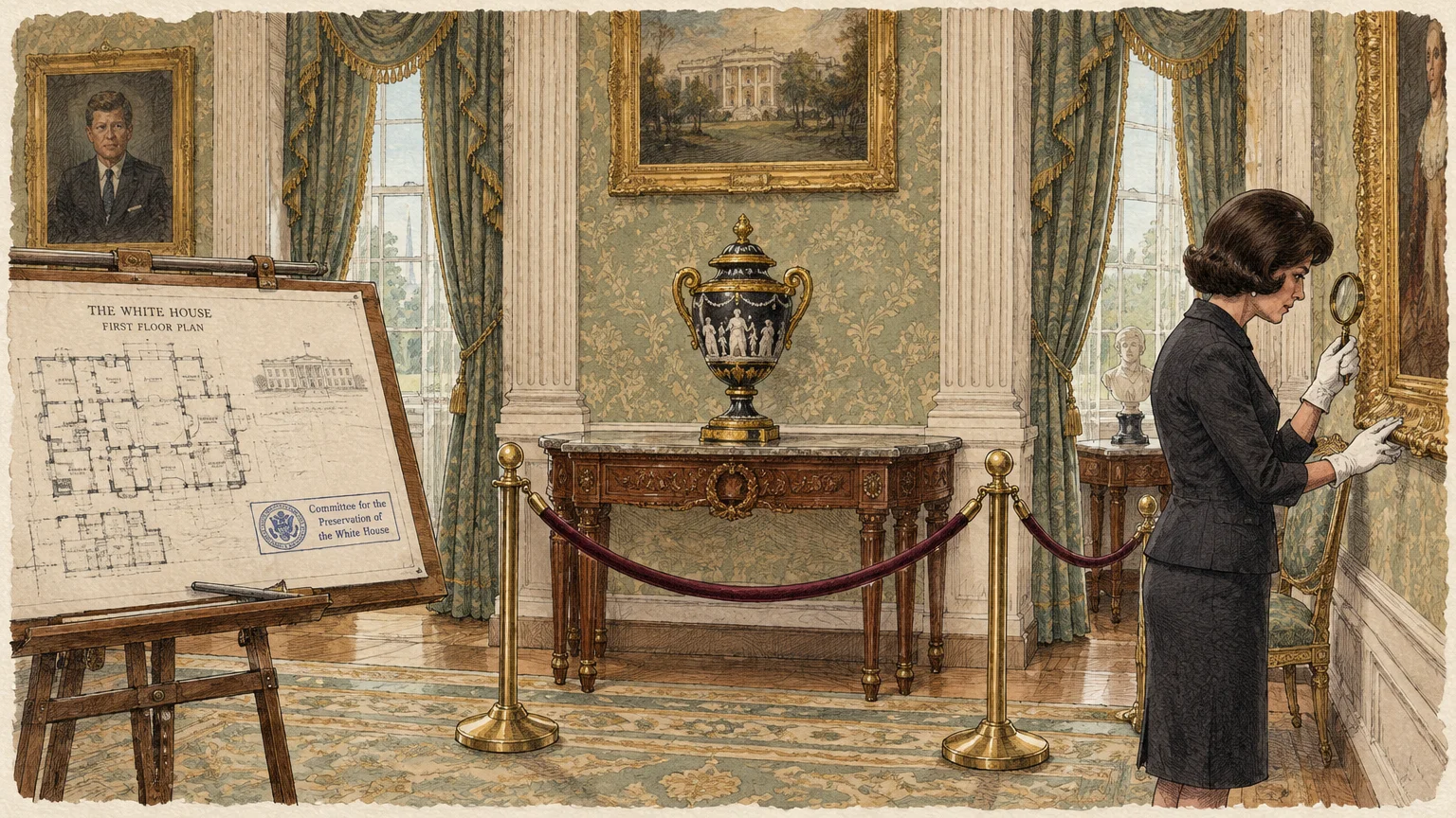 Jacqueline Kennedy uses a magnifying glass to inspect a framed painting next to an easel with White House floor plans.