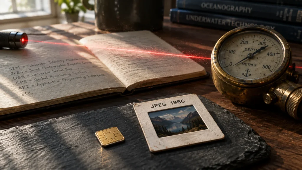 A laser pointer, depth gauge, notebook with acronym definitions, slide film, and SIM chip on a wooden desk.